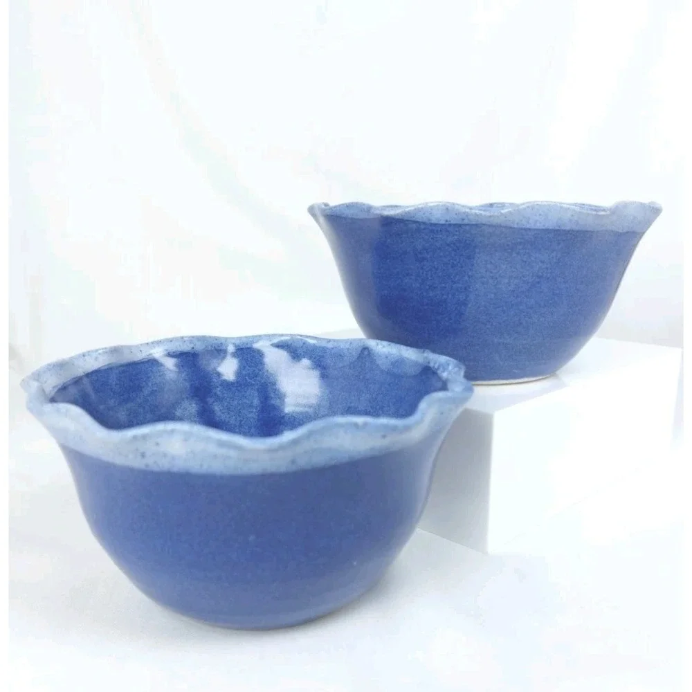 Set of 2 John Garrou Pottery Signed Blue Apple Baker 2001 Black Mountain NC *REA